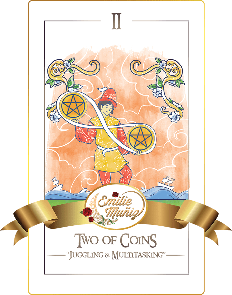 two of coins, 2 of coins, two of pentacles, 2 of pentacles, tarot card, simplicity tarot , Emilie Muniz, Tarot Reading, Tarot Reader, Tarot cards