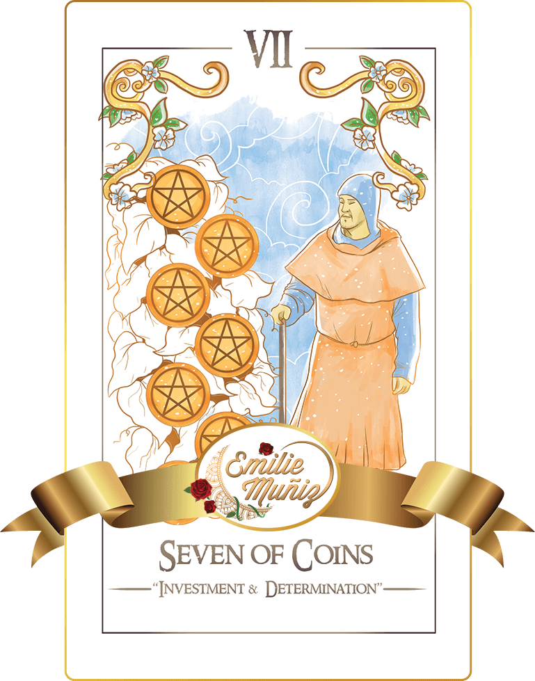 seven of coins, 7 of coins, seven of pentacles, 7 of pentacles, tarot card, simplicity tarot , Emilie Muniz, Tarot Reading, Tarot Reader, Tarot cards