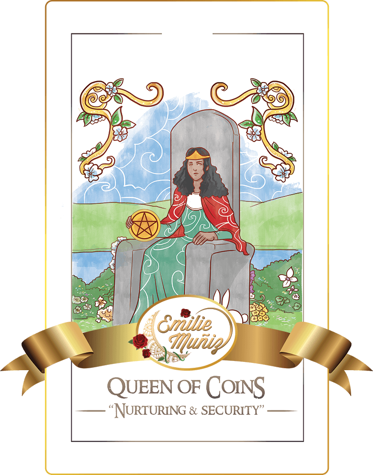 queen of coins, queen of pentacles, tarot card, simplicity tarot , Emilie Muniz, Tarot Reading, Tarot Reader, Tarot cards