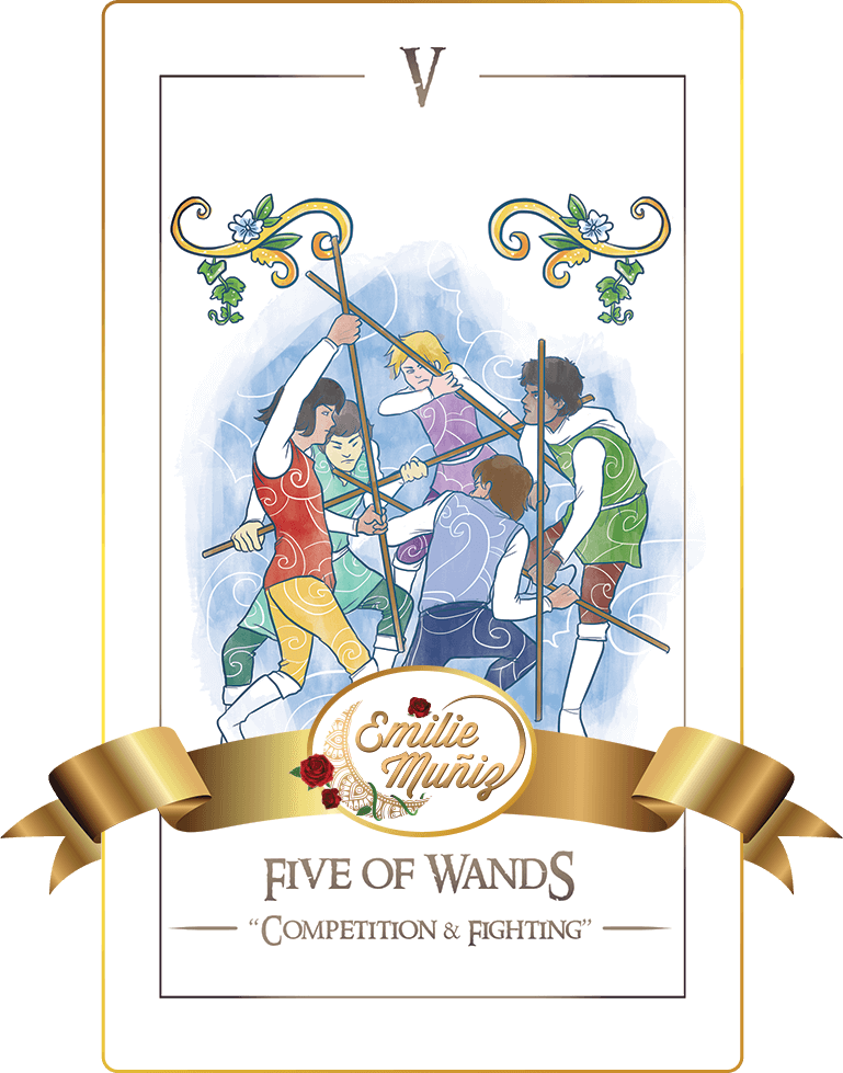 five of wands, 5 of wands, tarot card, simplicity tarot , Emilie Muniz, Tarot Reading, Tarot Reader, Tarot cards
